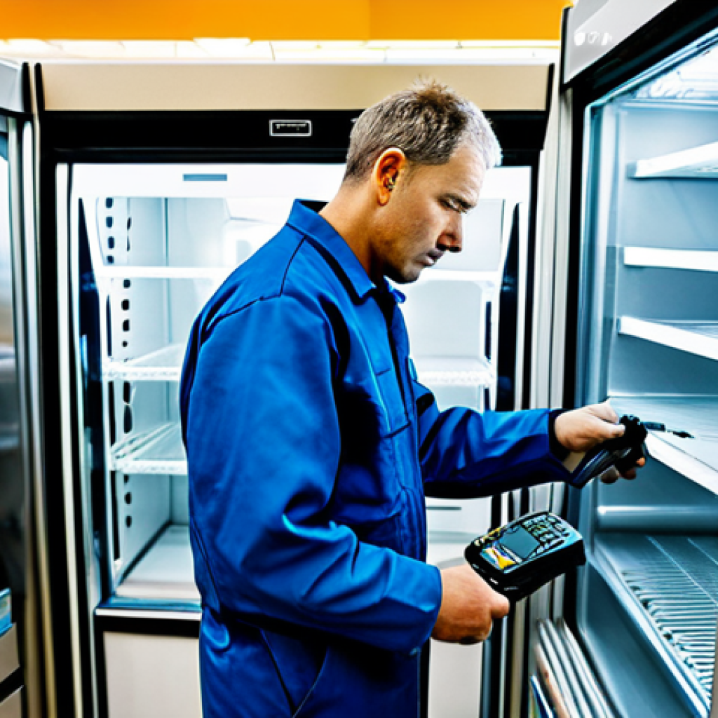 Troubleshooting a Refrigeration Unit**

"A refrigeration technician, fully clothed in work attire, diagnosing a commercial refrigeration unit in a supermarket, using tools, perfect anatomy, correct proportions, natural pose, safe for work, appropriate content, professional, high quality, well-formed hands, proper finger count, natural body proportions."

**