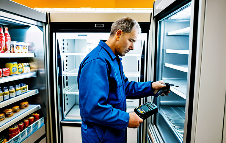 Troubleshooting a Refrigeration Unit**

"A refrigeration technician, fully clothed in work attire, diagnosing a commercial refrigeration unit in a supermarket, using tools, perfect anatomy, correct proportions, natural pose, safe for work, appropriate content, professional, high quality, well-formed hands, proper finger count, natural body proportions."

**