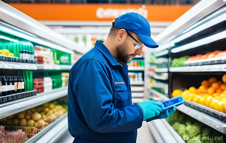 공조냉동기계 실무에서 자주 발생하는 문제 - **Prompt 1: Dedicated Refrigeration Technician at Work**
A highly skilled male refrigeration tec...