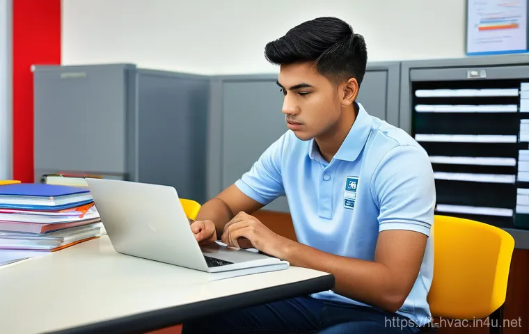 공조냉동기계 자격증 시험 난이도 분석 - **Image Prompt: Focused F-Gas Exam Preparation**
    "A determined young male technician, wearing a ...