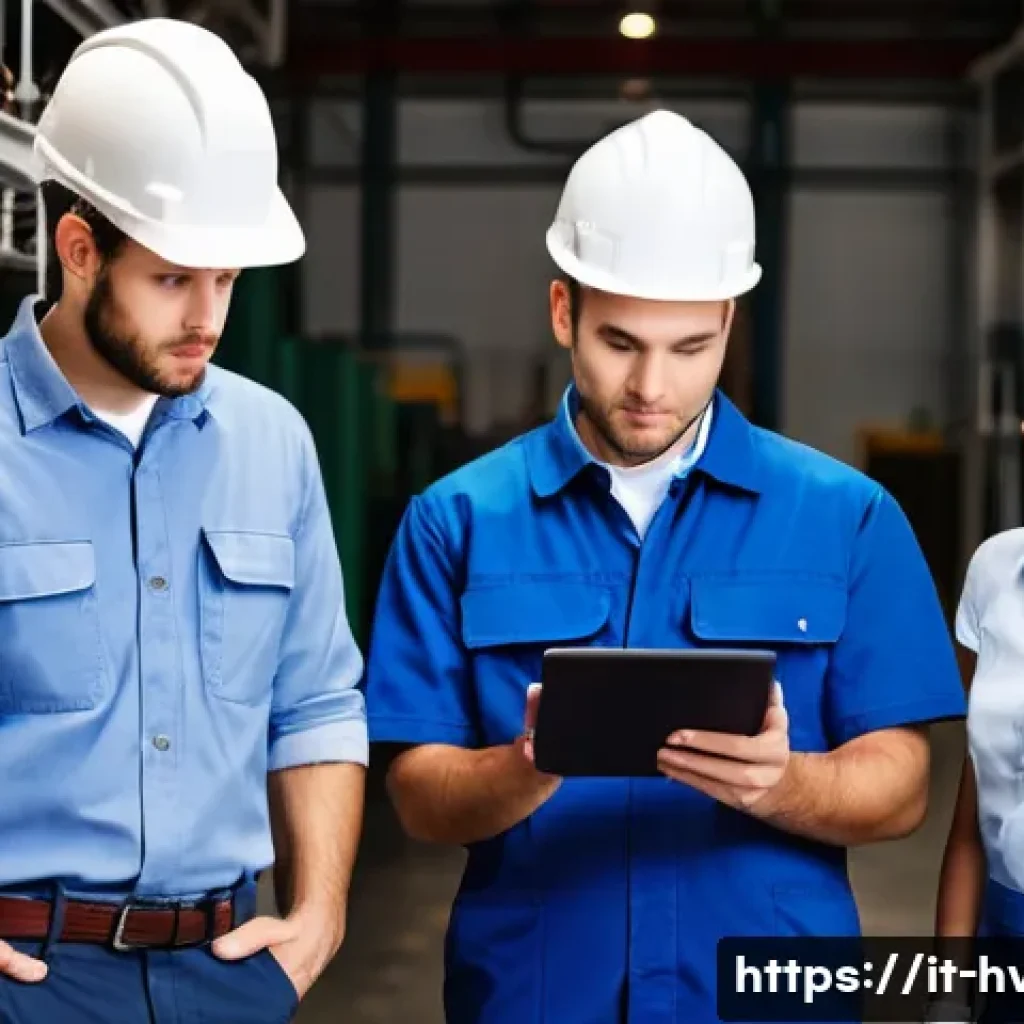 공조냉동기계 기술자의 팀워크 비결 - **Prompt: The Synergy of Expertise in HVAC/R Diagnostics**
"A team of three diverse HVAC/R techn...