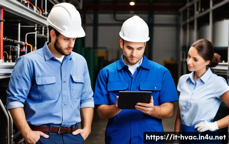 공조냉동기계 기술자의 팀워크 비결 - **Prompt: The Synergy of Expertise in HVAC/R Diagnostics**
    "A team of three diverse HVAC/R techn...