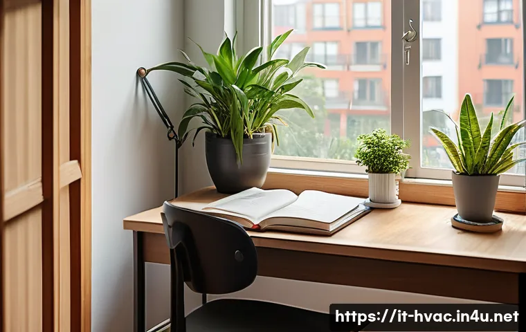 공조냉동기계기사 시험 공부 방법 - A cozy and well-organized study room bathed in natural sunlight, featuring a tidy desk with neatly a...