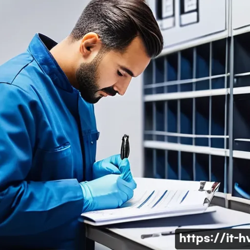 공조냉동기계기사의 워라밸 유지법 - A professional HVAC technician in a modern Italian workshop, organizing a detailed daily task list d...