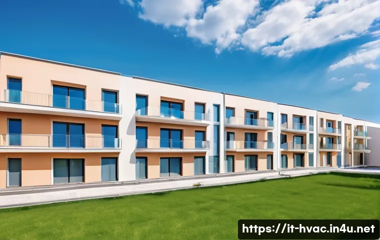 공조냉동기계와 친환경 냉매 기술 - A modern residential building exterior in Italy during summer, featuring sleek air conditioning unit...