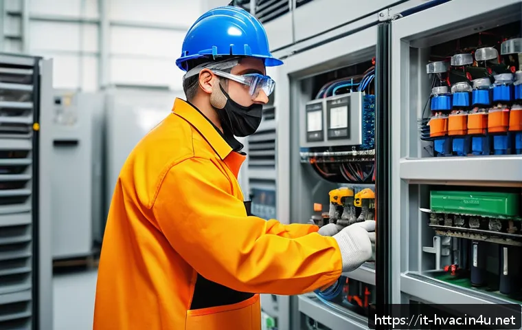 공조냉동기계 자격증의 장점과 활용 - A skilled HVAC technician wearing protective workwear and safety glasses, confidently servicing an i...
