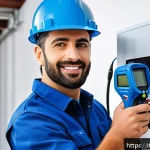 Home 22 공조냉동기계 기술자의 커리어 패스 - A skilled HVAC technician in a modern Italian residential setting, wearing clean professional workwe...