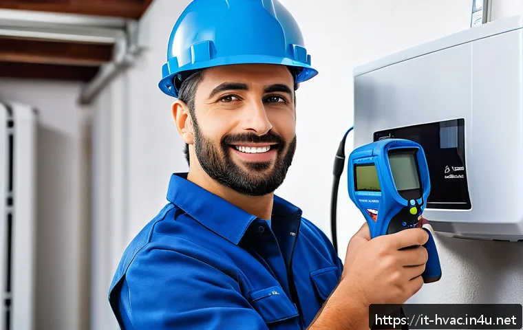 공조냉동기계 기술자의 커리어 패스 - A skilled HVAC technician in a modern Italian residential setting, wearing clean professional workwe...
