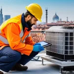 Home 21 공조냉동기계기사의 연봉 및 복지 비교 - A skilled HVAC technician in Northern Italy wearing professional workwear and safety gear, inspectin...