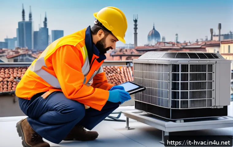 공조냉동기계기사의 연봉 및 복지 비교 - A skilled HVAC technician in Northern Italy wearing professional workwear and safety gear, inspectin...
