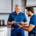 Home 20 공조냉동기계기사의 필수 소프트 스킬 - A professional HVAC technician attentively listening to a middle-aged Italian client inside a modern...
