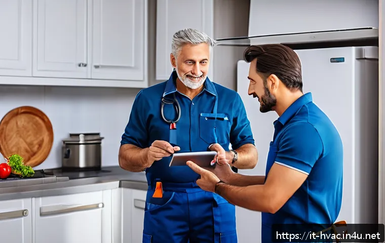 공조냉동기계기사의 필수 소프트 스킬 - A professional HVAC technician attentively listening to a middle-aged Italian client inside a modern...