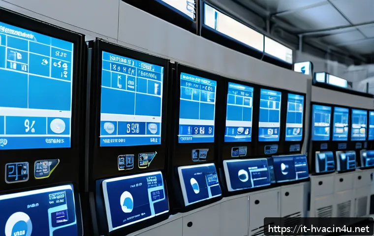 공조냉동기계 시스템의 유지보수 팁 - A high-tech industrial refrigeration control room with multiple digital monitoring screens displayin...
