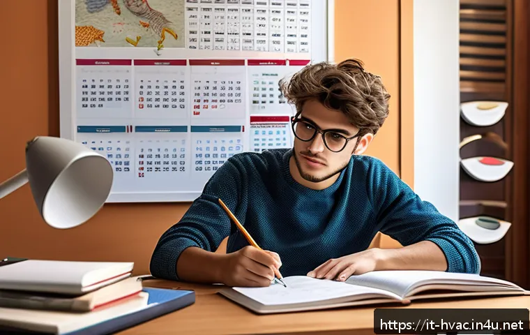 공조냉동기계기사 필기시험 고득점 전략 - A focused Italian student sitting at a modern study desk in a cozy room decorated with Italian cultu...