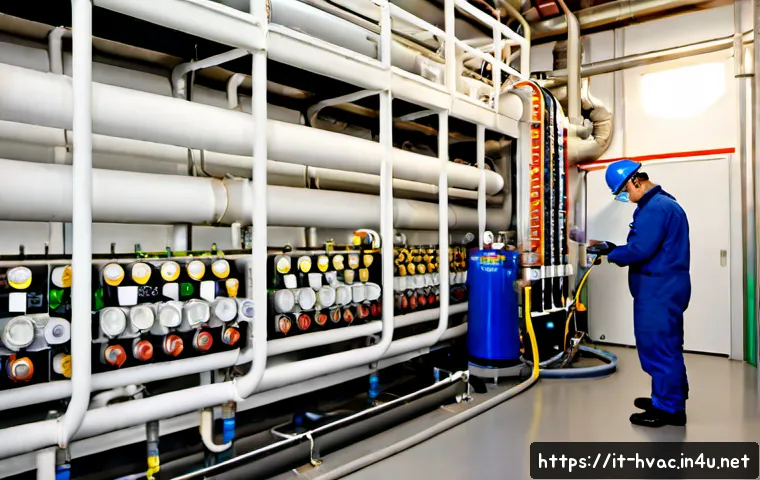 공조냉동기계기사와 방재기술의 연계 - Photorealistic Italian industrial facility mechanical room, a certified HVAC and refrigeration engin...
